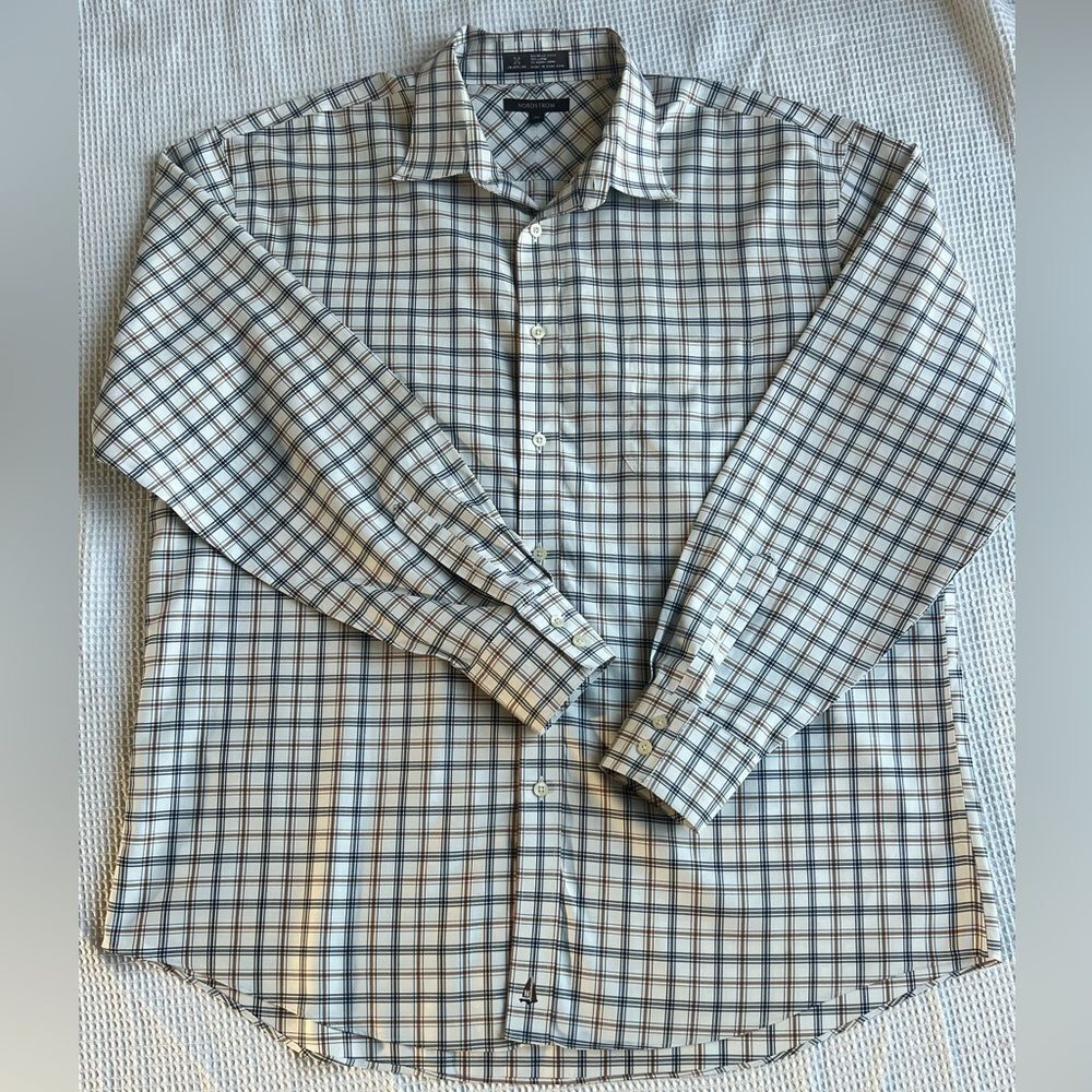 Nordstrom Cream Plaid Wrinkle Free Button Down 100%Cotton Long Sleeve Shirt XXL